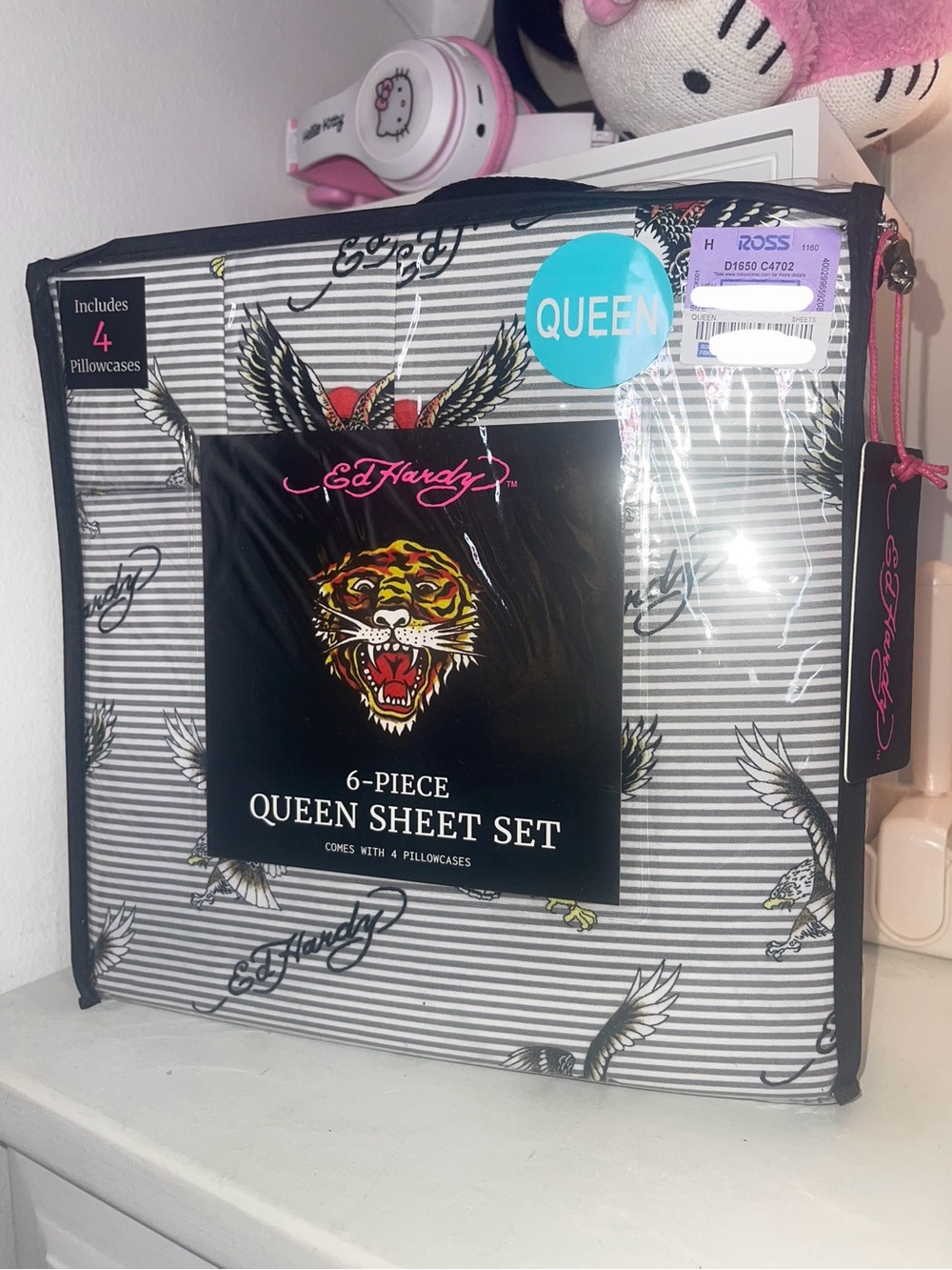 NWT Ed Hardy Queen Sheet Set - Gray Stripes with Tiger and Wings